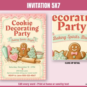 Pode incluir: Um convite 5x7 para uma festa de decora&ccedil;&atilde;o de biscoitos com um boneco de gengibre, biscoitos decorados e sacos de confeitar. O texto diz Cookie Decorating Party, Baking Spirits Bright, Saturday, December 12, 2 PM, 214 Holly Lane, RSVP to Jane 555-123-4567.
