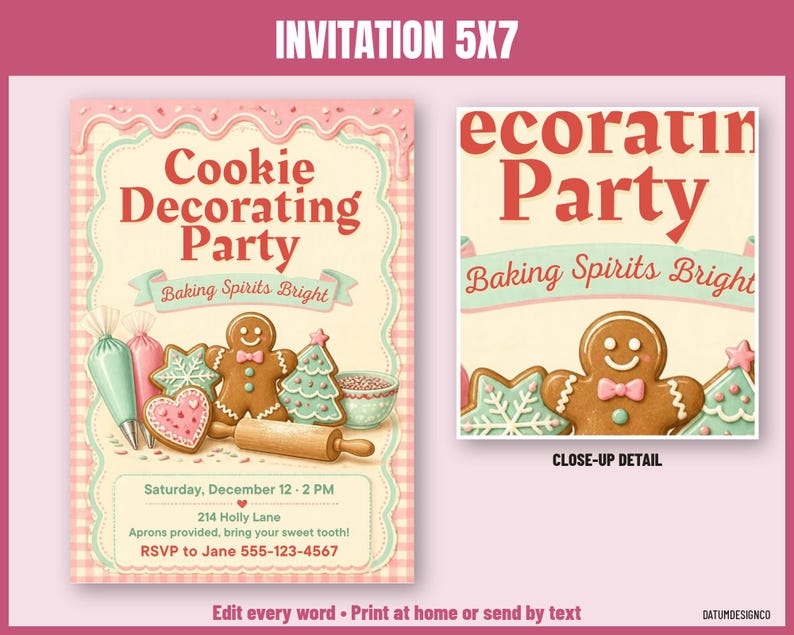Pode incluir: Um convite 5x7 para uma festa de decora&ccedil;&atilde;o de biscoitos com um boneco de gengibre, biscoitos decorados e sacos de confeitar. O texto diz Cookie Decorating Party, Baking Spirits Bright, Saturday, December 12, 2 PM, 214 Holly Lane, RSVP to Jane 555-123-4567.