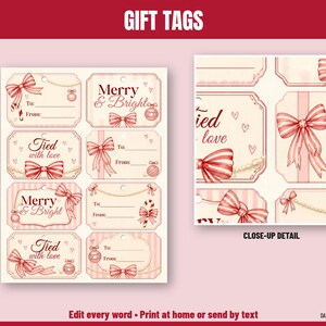 Pode incluir: Uma folha de etiquetas de presente imprim&iacute;veis com fundos listrados em rosa e branco, la&ccedil;os vermelhos, bengalas doces e ornamentos. As etiquetas incluem o texto Merry & Bright e Tied with love, com linhas para To e From. Inclui detalhe.