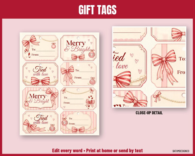 Pode incluir: Uma folha de etiquetas de presente imprim&iacute;veis com fundos listrados em rosa e branco, la&ccedil;os vermelhos, bengalas doces e ornamentos. As etiquetas incluem o texto Merry & Bright e Tied with love, com linhas para To e From. Inclui detalhe.