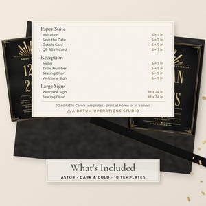 Puede incluir: Un conjunto de plantillas de papeler&iacute;a de boda en negro y dorado que incluye una lista de art&iacute;culos como invitaci&oacute;n, save the date, tarjeta de detalles, tarjeta QR RSVP, men&uacute;, n&uacute;mero de mesa, plano de asientos y letrero de bienvenida.