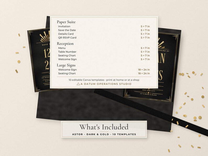 Puede incluir: Un conjunto de plantillas de papeler&iacute;a de boda en negro y dorado que incluye una lista de art&iacute;culos como invitaci&oacute;n, save the date, tarjeta de detalles, tarjeta QR RSVP, men&uacute;, n&uacute;mero de mesa, plano de asientos y letrero de bienvenida.