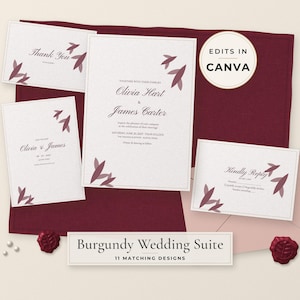 May include: A wedding stationery suite featuring white cards with burgundy leaf illustrations and black text. The set includes an invitation for Olivia Hart and James Carter, a thank you card, a save the date, and a reply card, all displayed on a burgundy fabric.