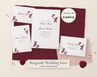 Op de afbeelding: Een trouwkaarten set bestaande uit witte kaarten met bordeauxrode bladillustraties en zwarte tekst. De set bevat een uitnodiging voor Olivia Hart en James Carter, een bedankkaart, een save-the-date kaart en een antwoordkaart op een bordeauxrode stoffen ondergrond.