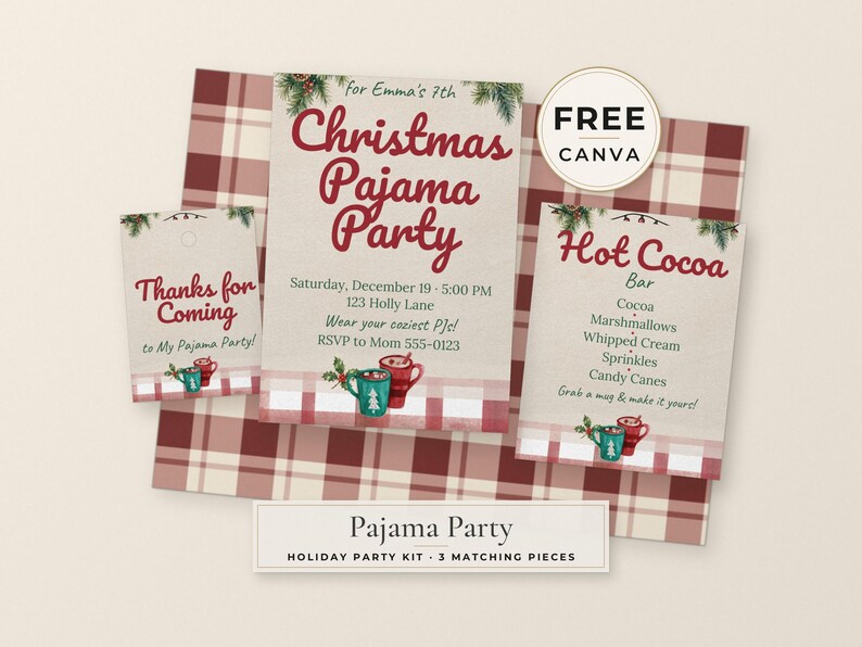 Peut inclure: Un ensemble de papeterie pour f&ecirc;te de pyjama de No&euml;l en trois pi&egrave;ces comprenant une invitation, une pancarte pour bar &agrave; chocolat chaud et une &eacute;tiquette de remerciement avec texte rouge, motifs de pin et carreaux rouges et blancs.