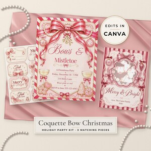 Peut inclure: Un kit de f&ecirc;te de fin d'ann&eacute;e compos&eacute; de trois pi&egrave;ces assorties avec des bordures ray&eacute;es roses et rouges, des n&oelig;uds et des illustrations de gui. Le texte inclut Bows & Mistletoe, Merry & Bright et Coquette Bow Christmas Holiday Party Kit.