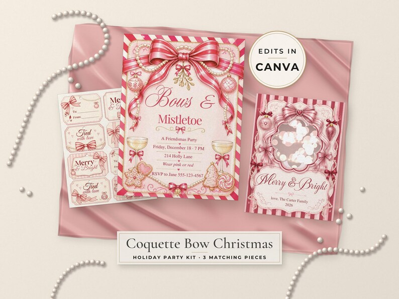Peut inclure: Un kit de f&ecirc;te de fin d'ann&eacute;e compos&eacute; de trois pi&egrave;ces assorties avec des bordures ray&eacute;es roses et rouges, des n&oelig;uds et des illustrations de gui. Le texte inclut Bows & Mistletoe, Merry & Bright et Coquette Bow Christmas Holiday Party Kit.