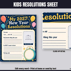 May include: A Kids Resolutions Sheet for 2027 featuring a dark blue background with colorful balloons, stars, and a clock illustration. The template includes lines for name, age, favorite things, learning goals, a big wish, and a photo frame.