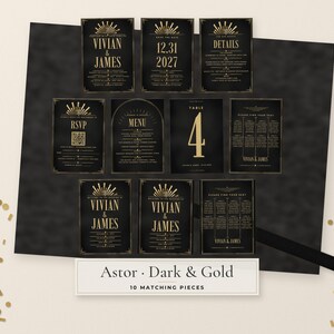 Puede incluir: Un conjunto de diez piezas de papeler&iacute;a de boda en negro y oro con motivos de rayos de sol y texto que incluye Vivian & James, 12.31.2027, RSVP, Menu, Table 4 y planos de mesa. Las tarjetas muestran una tipograf&iacute;a elegante y bordes.
