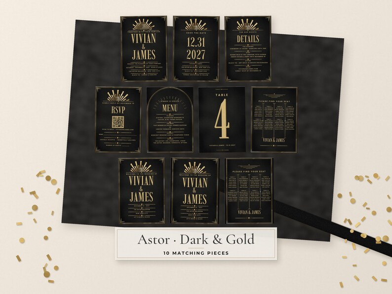 Puede incluir: Un conjunto de diez piezas de papeler&iacute;a de boda en negro y oro con motivos de rayos de sol y texto que incluye Vivian & James, 12.31.2027, RSVP, Menu, Table 4 y planos de mesa. Las tarjetas muestran una tipograf&iacute;a elegante y bordes.