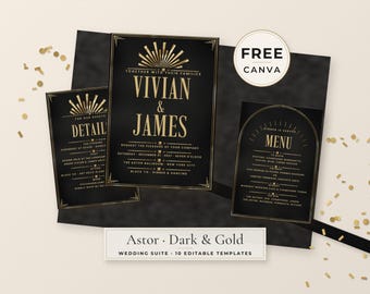 Op de afbeelding: Een zwart en goudkleurige trouwkaarten set met een hoofduitnodiging, detailkaart en menukaart. De tekst bevat de namen Vivian en James, evenementdetails en een menulijst. Een ronde badge toont FREE CANVA en een label leest Astor Dark & Gold.