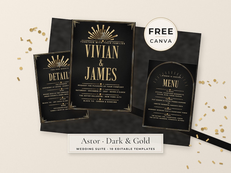 Puede incluir: Un conjunto de invitaciones de boda en negro y oro que incluye una invitaci&oacute;n principal, una tarjeta de detalles y un men&uacute;. El texto incluye los nombres Vivian y James, detalles del evento y un men&uacute;. Un sello dice FREE CANVA y Astor Dark & Gold.