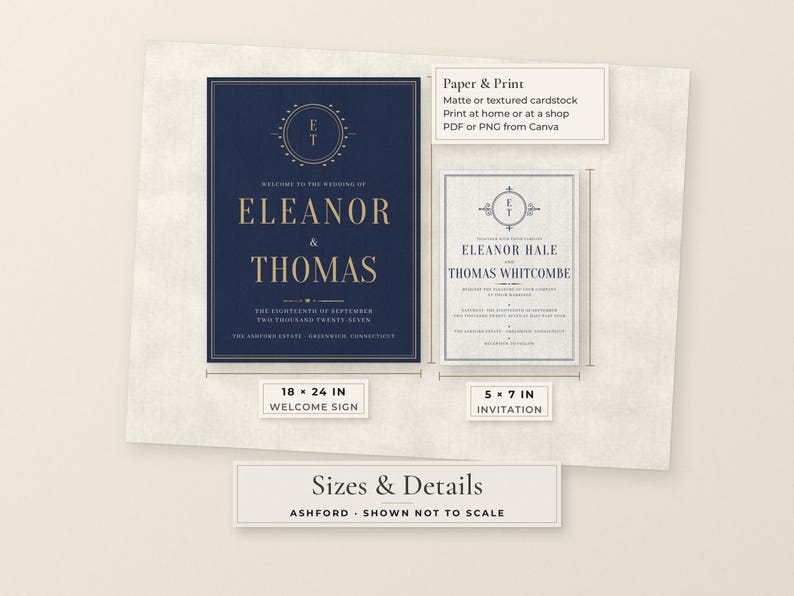 May include: A navy blue 18 x 24 inch wedding welcome sign and a 5 x 7 inch invitation with gold text reading Eleanor and Thomas. The text includes Paper & Print, Matte or textured cardstock, Print at home or at a shop, PDF or PNG from Canva, and Sizes & Details, Ashford, shown not to scale.