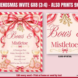 Pode incluir: Um convite para uma festa de Natal com um grande la&ccedil;o &agrave;s riscas rosa e vermelho, visco, fios de p&eacute;rolas e bolachas natal&iacute;cias. O texto diz Bows & Mistletoe, A Friendsmas Party, Friday, December 18 - 7 PM, 214 Holly Lane, Wear pink or red, e RSVP to Jane 555-123-4567.