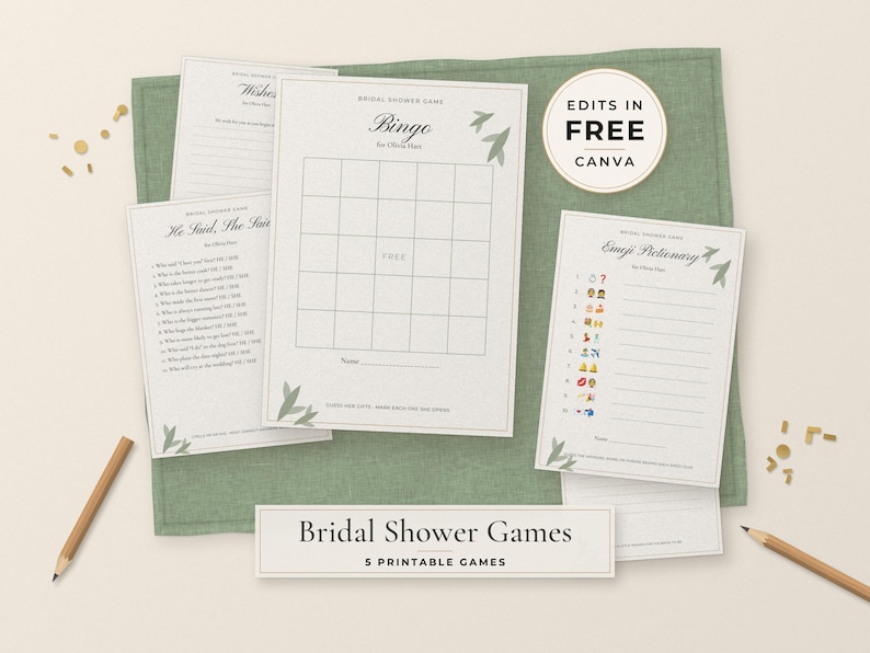 Puede incluir: Un conjunto de cinco tarjetas de juegos para despedida de soltera imprimibles con fondo blanco y detalles de hojas verdes. Las tarjetas incluyen Bingo, He Said She Said y Emoji Pictionary. Un sello circular dice Edits in Free Canva.