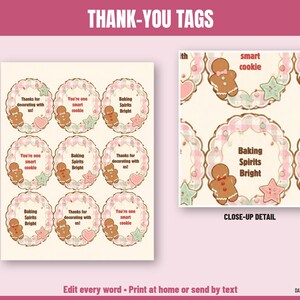 Pode incluir: Uma folha de nove etiquetas circulares de agradecimento com bonecos de gengibre, estrelas e cora&ccedil;&otilde;es em uma borda xadrez rosa e branca. O texto diz Thanks for decorating with us, You're one smart cookie e Baking Spirits Bright.