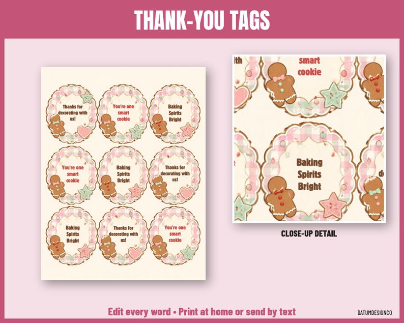 Pode incluir: Uma folha de nove etiquetas circulares de agradecimento com bonecos de gengibre, estrelas e cora&ccedil;&otilde;es em uma borda xadrez rosa e branca. O texto diz Thanks for decorating with us, You're one smart cookie e Baking Spirits Bright.