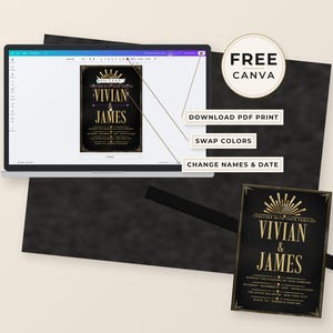 Puede incluir: Un port&aacute;til que muestra una plantilla de invitaci&oacute;n de boda en negro y oro con los nombres Vivian y James, junto a una versi&oacute;n impresa. Etiquetas de texto indican funciones como descargar PDF, cambiar colores y cambiar nombres y fecha.