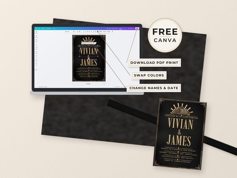 Puede incluir: Un port&aacute;til que muestra una plantilla de invitaci&oacute;n de boda en negro y oro con los nombres Vivian y James, junto a una versi&oacute;n impresa. Etiquetas de texto indican funciones como descargar PDF, cambiar colores y cambiar nombres y fecha.
