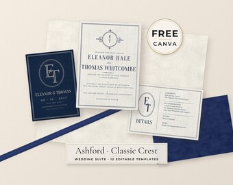 Op de afbeelding: Een trouwkaarten set met een marineblauwe save-the-date kaart, een witte uitnodiging en een detailkaart met gemonogrammeerde wapens. De tekst bevat de namen Eleanor Hale en Thomas Whitcombe, data en locatiedetails. Een cirkelvormige badge leest FREE CANVA en een label onderaan toont Ashford Classic Crest Wedding Suite 12 Editable Templates.