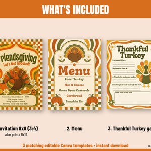 May include: Three printable templates featuring a Friendsgiving invitation, a menu, and a Thankful Turkey game. Each card displays a turkey, pumpkins, and flowers in orange, yellow, and green with wavy borders and checkered patterns.