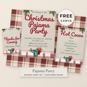 Pode incluir: Um conjunto de papelaria de três peças para festa de pijama de Natal, incluindo convite, placa de bar de chocolate quente e etiqueta de agradecimento com texto vermelho, ilustrações de pinheiros e detalhes em xadrez vermelho e branco.