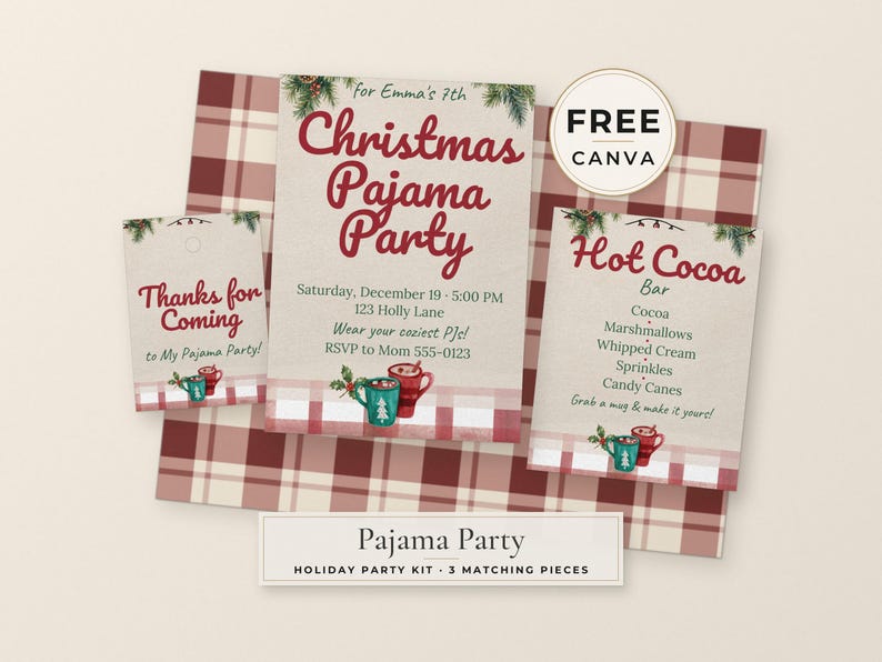 May include: A three-piece Christmas pajama party stationery set featuring a party invitation, a hot cocoa bar sign, and a thank you tag. Each piece has red text, pine branch illustrations, and red and white plaid accents.