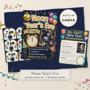 Peut inclure: Un kit de f&ecirc;te Noon Year's Eve comprenant une invitation bleu marine avec une horloge dor&eacute;e, une feuille d'&eacute;tiquettes de compte &agrave; rebours et une fiche d'activit&eacute;s My 2027 New Year Resolutions. Les motifs incluent des &eacute;toiles dor&eacute;es, des ballons color&eacute;s et des confettis.