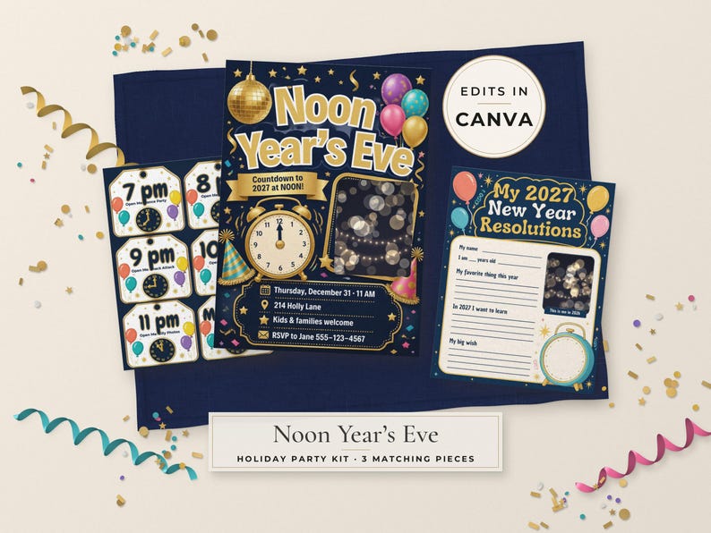 Peut inclure: Un kit de f&ecirc;te Noon Year's Eve comprenant une invitation bleu marine avec une horloge dor&eacute;e, une feuille d'&eacute;tiquettes de compte &agrave; rebours et une fiche d'activit&eacute;s My 2027 New Year Resolutions. Les motifs incluent des &eacute;toiles dor&eacute;es, des ballons color&eacute;s et des confettis.