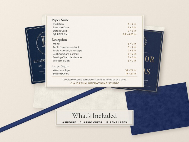 May include: A collection of navy blue and cream wedding stationery templates featuring a list of items including invitations, save the dates, and signage with dimensions in inches, plus a label stating What's Included Ashford Classic Crest.
