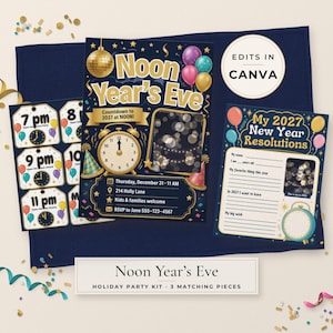 Pode incluir: Um kit de festa Noon Year's Eve com um convite azul-marinho com um relógio dourado, uma folha de etiquetas de contagem regressiva por hora e uma folha de atividades My 2027 New Year Resolutions. Os designs incluem estrelas douradas, balões coloridos e confetes.