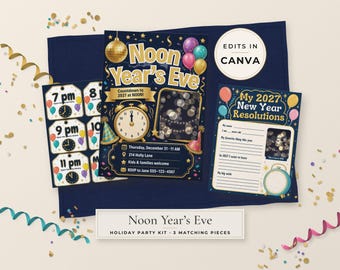 Op de afbeelding: Een Noon Year's Eve feestset met een marineblauwe uitnodiging met een gouden klok, een vel met aftellabels per uur en een My 2027 New Year Resolutions activiteitenblad. De ontwerpen bevatten gouden sterren, kleurrijke ballonnen en confetti.