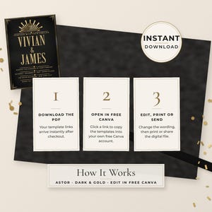 Puede incluir: Una plantilla de invitaci&oacute;n de boda negra y dorada con una insignia de descarga instant&aacute;nea. Tres tarjetas blancas explican el proceso: 1. Descargar el PDF, 2. Abrir en Canva gratis, 3. Editar, imprimir o enviar. El texto dice How It Works.
