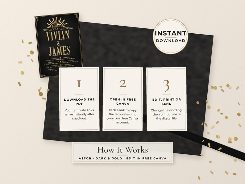 Puede incluir: Una plantilla de invitaci&oacute;n de boda negra y dorada con una insignia de descarga instant&aacute;nea. Tres tarjetas blancas explican el proceso: 1. Descargar el PDF, 2. Abrir en Canva gratis, 3. Editar, imprimir o enviar. El texto dice How It Works.