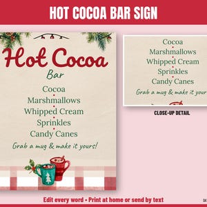May include: A rectangular sign featuring the text Hot Cocoa Bar with a list of ingredients including Cocoa, Marshmallows, Whipped Cream, Sprinkles, and Candy Canes. The design includes pine branches, red mugs, and a red and white plaid border.