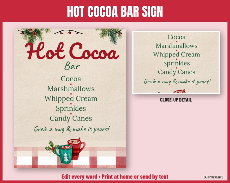 May include: A rectangular sign featuring the text Hot Cocoa Bar with a list of ingredients including Cocoa, Marshmallows, Whipped Cream, Sprinkles, and Candy Canes. The design includes pine branches, red mugs, and a red and white plaid border.