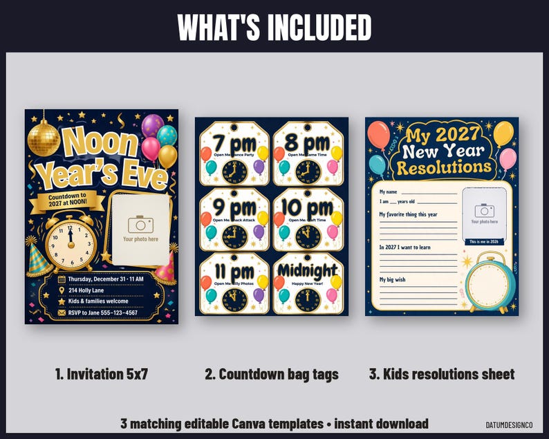 May include: A set of three digital templates for a Noon Year's Eve party, including an invitation, countdown bag tags, and a kids' resolution sheet. The designs feature dark blue backgrounds, gold clocks, colorful balloons, and party hats.