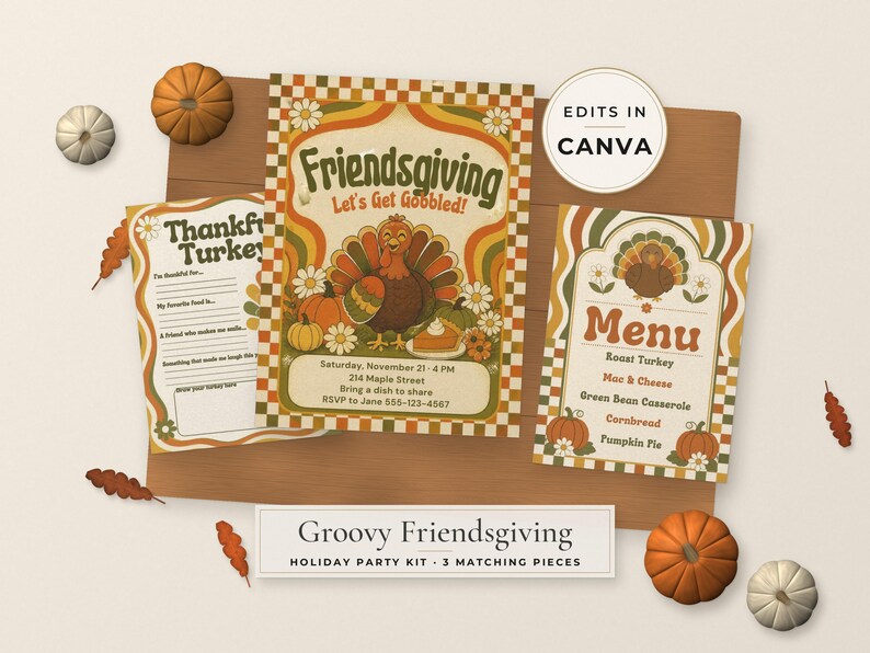 Peut inclure: Un kit de f&ecirc;te Friendsgiving comprenant trois cartes imprim&eacute;es avec une dinde, des citrouilles et des motifs floraux en orange, jaune et vert. Le texte inclut Friendsgiving, Let's Get Gobbled, Thankful Turkey et Menu. Un badge indique Edits in Canva.