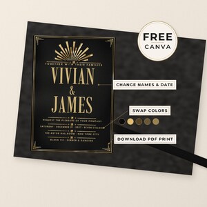 Puede incluir: Una plantilla de invitaci&oacute;n de boda negra con texto dorado y un gr&aacute;fico de rayos de sol. El texto dice: Together with their families, Vivian & James, request the pleasure of your company, Saturday, December 31, 2027, Seven O'Clock, The Astor Ballroom, New York City, Black Tie, Dinner & Dancing.