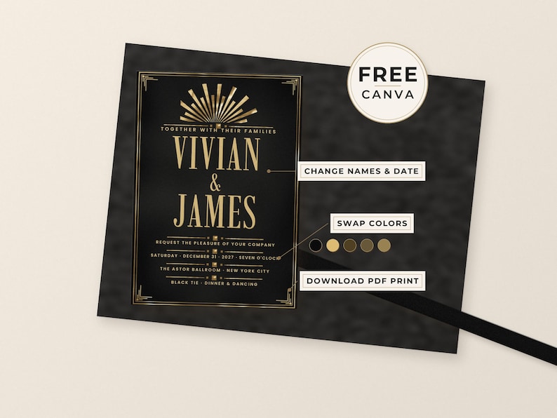 Puede incluir: Una plantilla de invitaci&oacute;n de boda negra con texto dorado y un gr&aacute;fico de rayos de sol. El texto dice: Together with their families, Vivian & James, request the pleasure of your company, Saturday, December 31, 2027, Seven O'Clock, The Astor Ballroom, New York City, Black Tie, Dinner & Dancing.