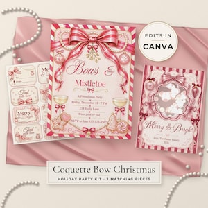 Pode incluir: Um kit de festa de fim de ano com tr&ecirc;s pe&ccedil;as combinando, com bordas listradas em rosa e vermelho, la&ccedil;os e ilustra&ccedil;&otilde;es de visco. O texto inclui Bows & Mistletoe, Merry & Bright e Coquette Bow Christmas Holiday Party Kit 3 Matching Pieces.