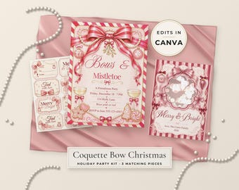 Op de afbeelding: Een feestdagenpakket bestaande uit drie bijpassende stukken met roze en rood gestreepte randen, strikken en maretakillustraties. De tekst bevat Bows & Mistletoe, Merry & Bright en Coquette Bow Christmas Holiday Party Kit 3 Matching Pieces.
