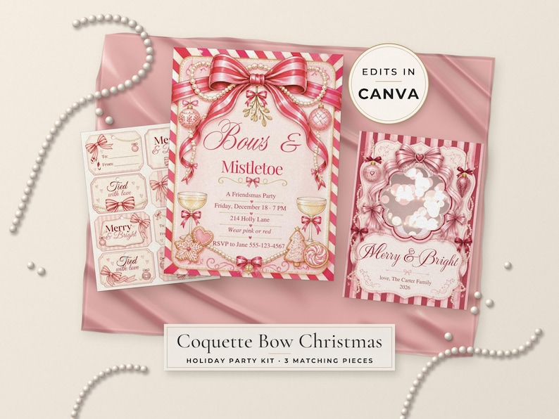 Pode incluir: Um kit de festa de fim de ano com tr&ecirc;s pe&ccedil;as combinando, com bordas listradas em rosa e vermelho, la&ccedil;os e ilustra&ccedil;&otilde;es de visco. O texto inclui Bows & Mistletoe, Merry & Bright e Coquette Bow Christmas Holiday Party Kit 3 Matching Pieces.