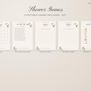 Puede incluir: Un juego de cinco tarjetas de juegos para despedida de soltera de 12,7 x 17,8 cm con fondo crema y detalles de hojas verdes. Las tarjetas incluyen Bingo, He Said She Said, Advice, Wishes y Emoji Pictionary con texto negro.