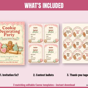 Pode incluir: Um conjunto imprim&iacute;vel para uma festa de decora&ccedil;&atilde;o de biscoitos, incluindo um convite 5x7, quatro c&eacute;dulas de vota&ccedil;&atilde;o e nove etiquetas de agradecimento circulares. Os designs apresentam bonecos de gengibre e biscoitos decorados.