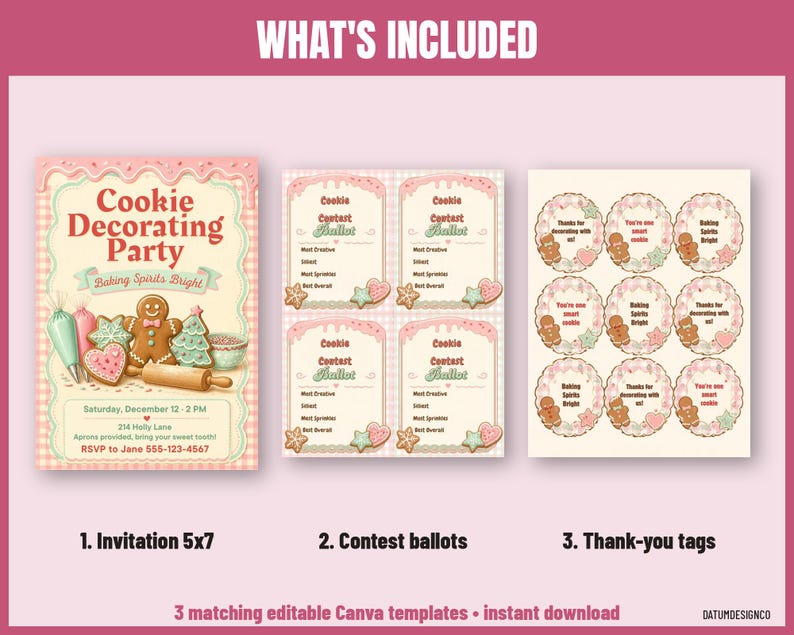 Pode incluir: Um conjunto imprim&iacute;vel para uma festa de decora&ccedil;&atilde;o de biscoitos, incluindo um convite 5x7, quatro c&eacute;dulas de vota&ccedil;&atilde;o e nove etiquetas de agradecimento circulares. Os designs apresentam bonecos de gengibre e biscoitos decorados.