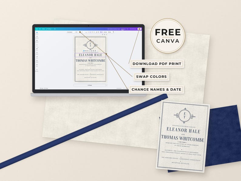May include: A laptop displaying a wedding invitation template with the names Eleanor Hale and Thomas Whitcombe, alongside a printed version of the same invitation, a dark blue envelope, and text labels reading FREE CANVA, DOWNLOAD PDF PRINT, SWAP COLORS, and CHANGE NAMES & DATE.
