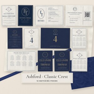May include: A collection of twelve wedding stationery pieces in navy blue and off-white, featuring the Ashford Classic Crest design. The set includes invitations, RSVP cards, table numbers, and seating charts with elegant typography and monograms.