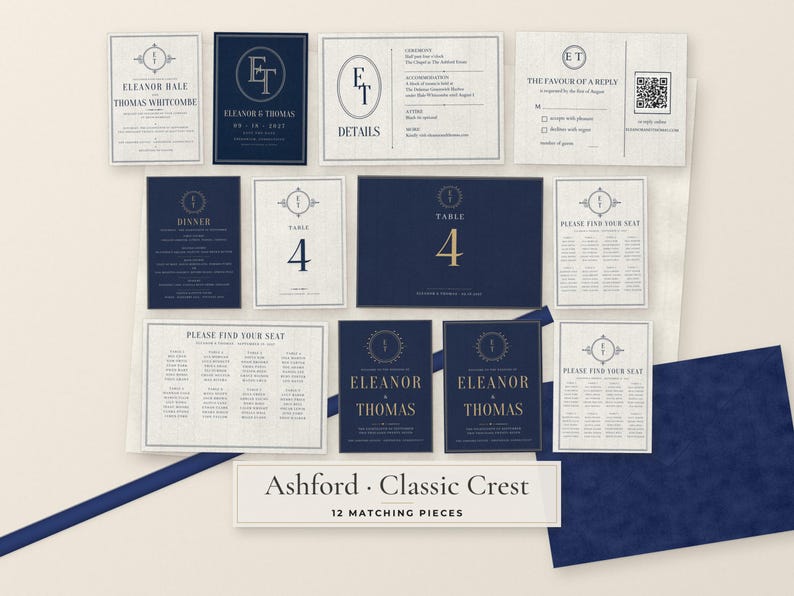 May include: A collection of twelve wedding stationery pieces in navy blue and off-white, featuring the Ashford Classic Crest design. The set includes invitations, RSVP cards, table numbers, and seating charts with elegant typography and monograms.