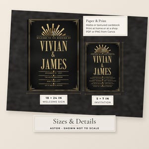 Puede incluir: Un conjunto de letrero de bienvenida e invitaci&oacute;n de boda en negro y dorado con el texto Welcome to the wedding of Vivian & James, December 31, 2027, The Astor Ballroom, New York City. El letrero mide 45,7 x 61 cm y la invitaci&oacute;n 12,7 x 17,8 cm.